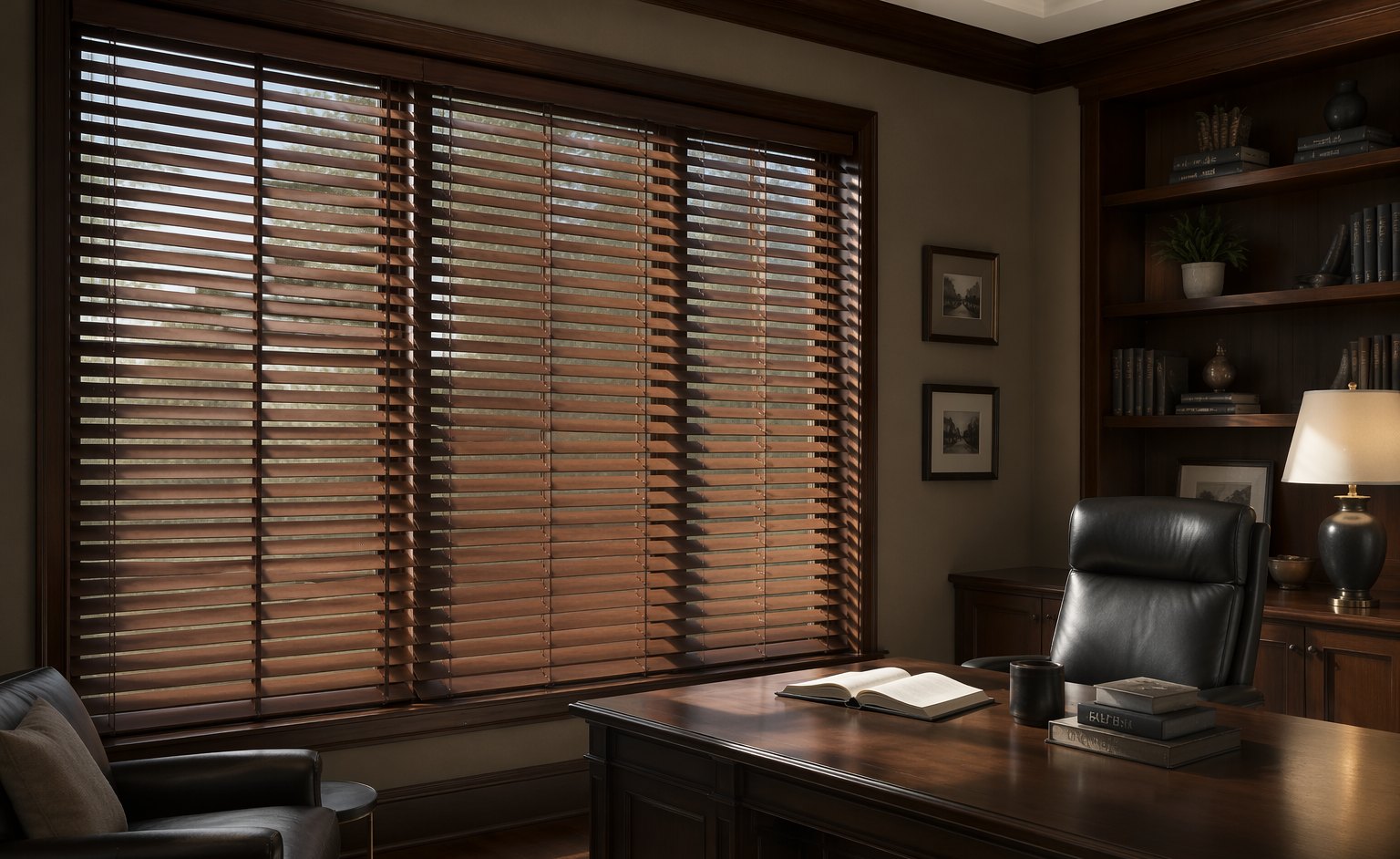 Custom wood blinds on a large window in a Utah home