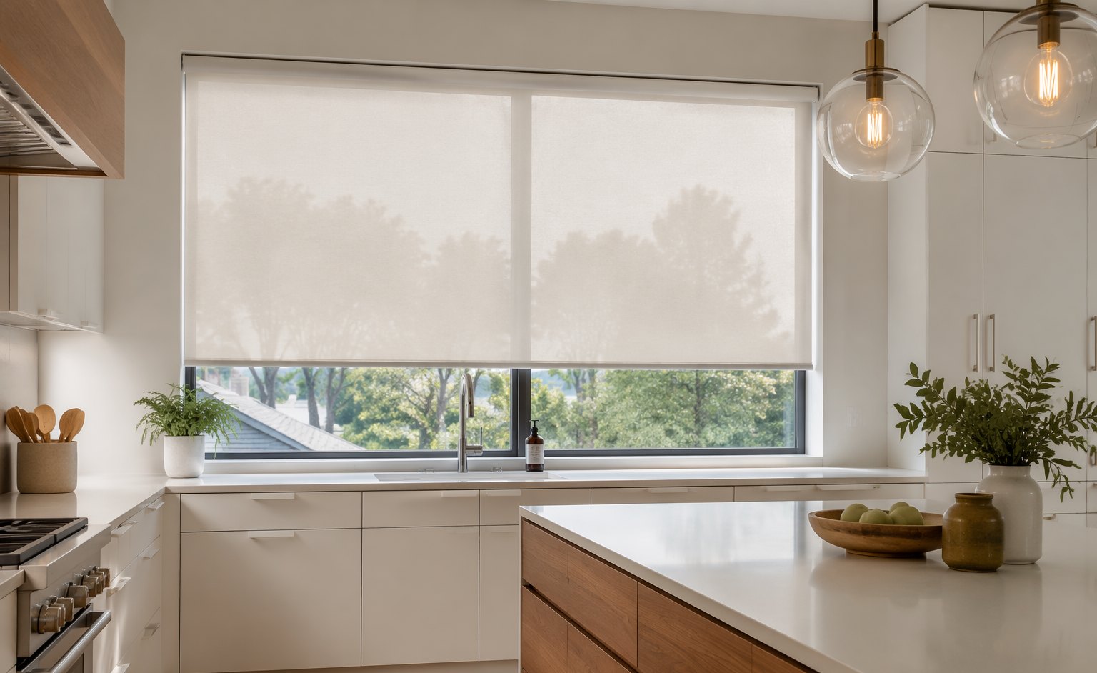 Solar roller shades filtering bright afternoon sun in a Utah living room